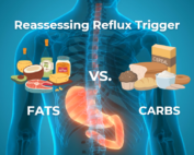 Illustration of the digestive tract highlighting gas buildup and reflux, with visual elements representing the role of diet in gut health.