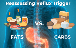 Illustration of the digestive tract highlighting gas buildup and reflux, with visual elements representing the role of diet in gut health.